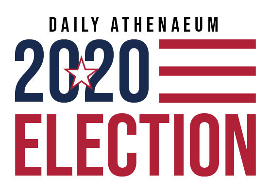 The Daily Athenaeum's 2020 Election coverage logo. Loosely resembling an American flag, a blue 2020 sits in the top left with three red stripes to the right. Underneath, the word election is in red, and spans the length of the image.